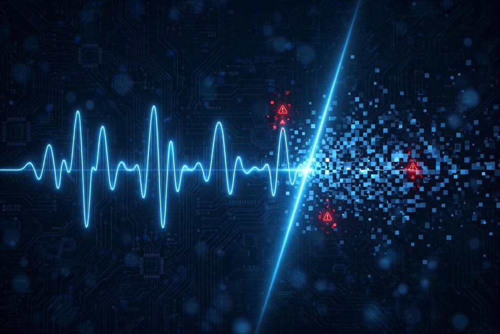 AI voice clone detection: audio waveform analysis flagging synthetic speech segments in 2026