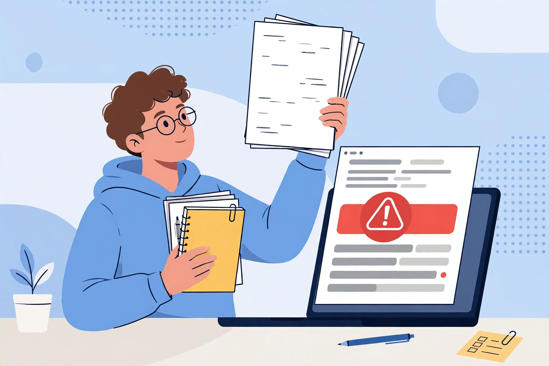 Student holding printed writing drafts next to a laptop showing a flagged AI detection report