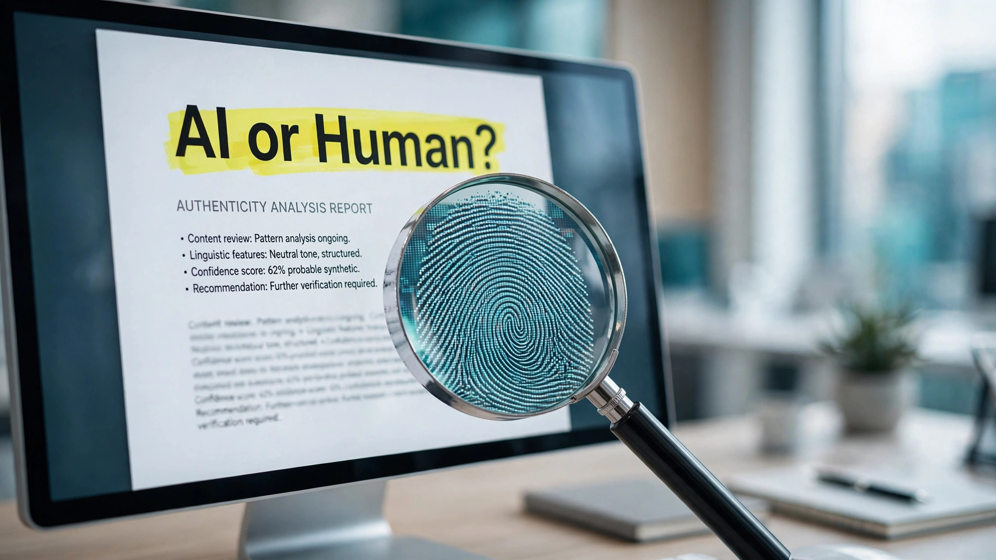 AI detector accuracy 2026 research: AI or human authenticity analysis report under a magnifying glass