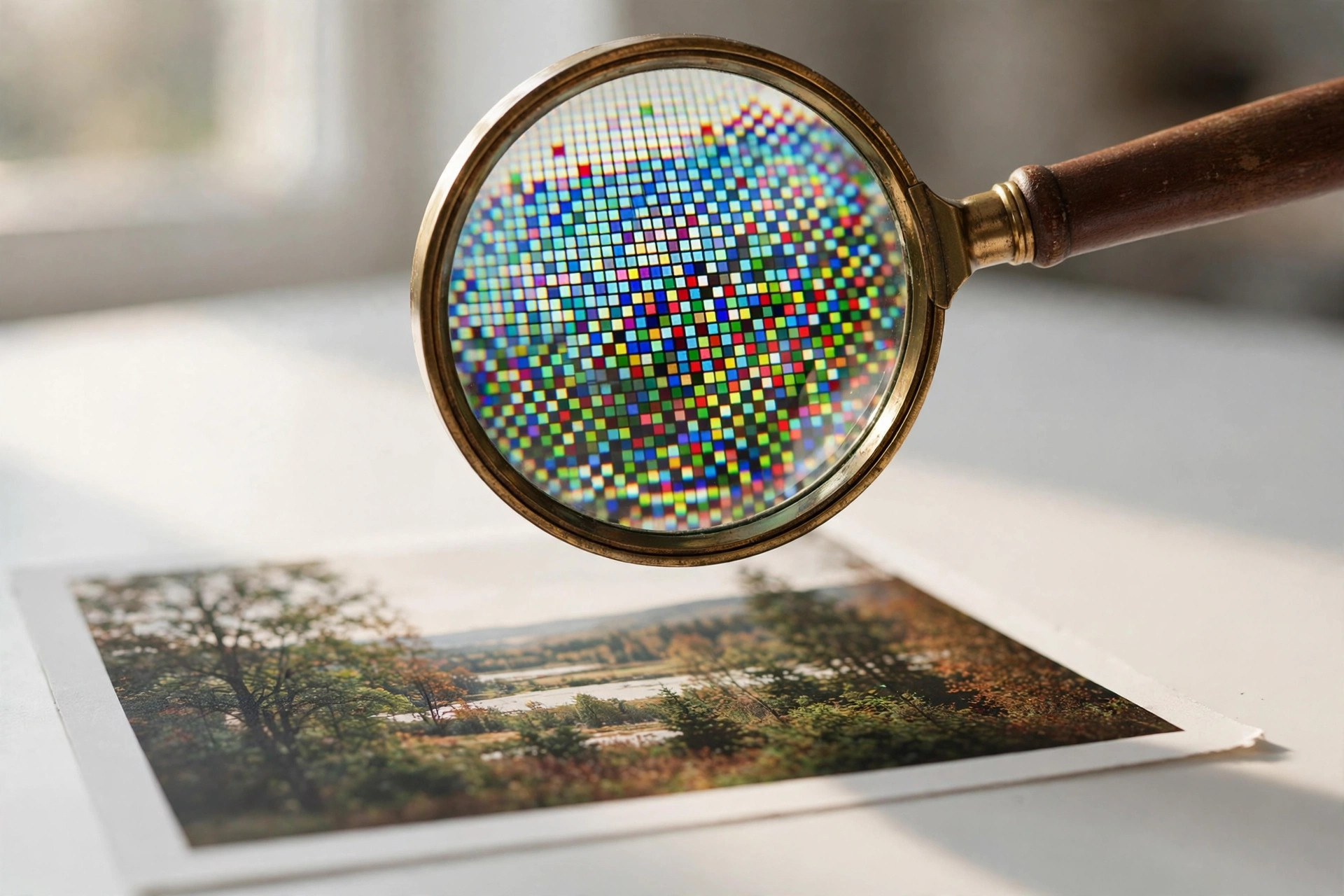 Magnifying glass revealing pixels in a printed photo — how to tell if an image was made by AI