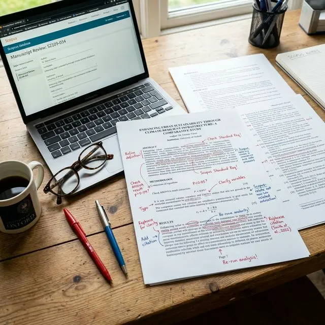 Academic research papers stacked on a desk
