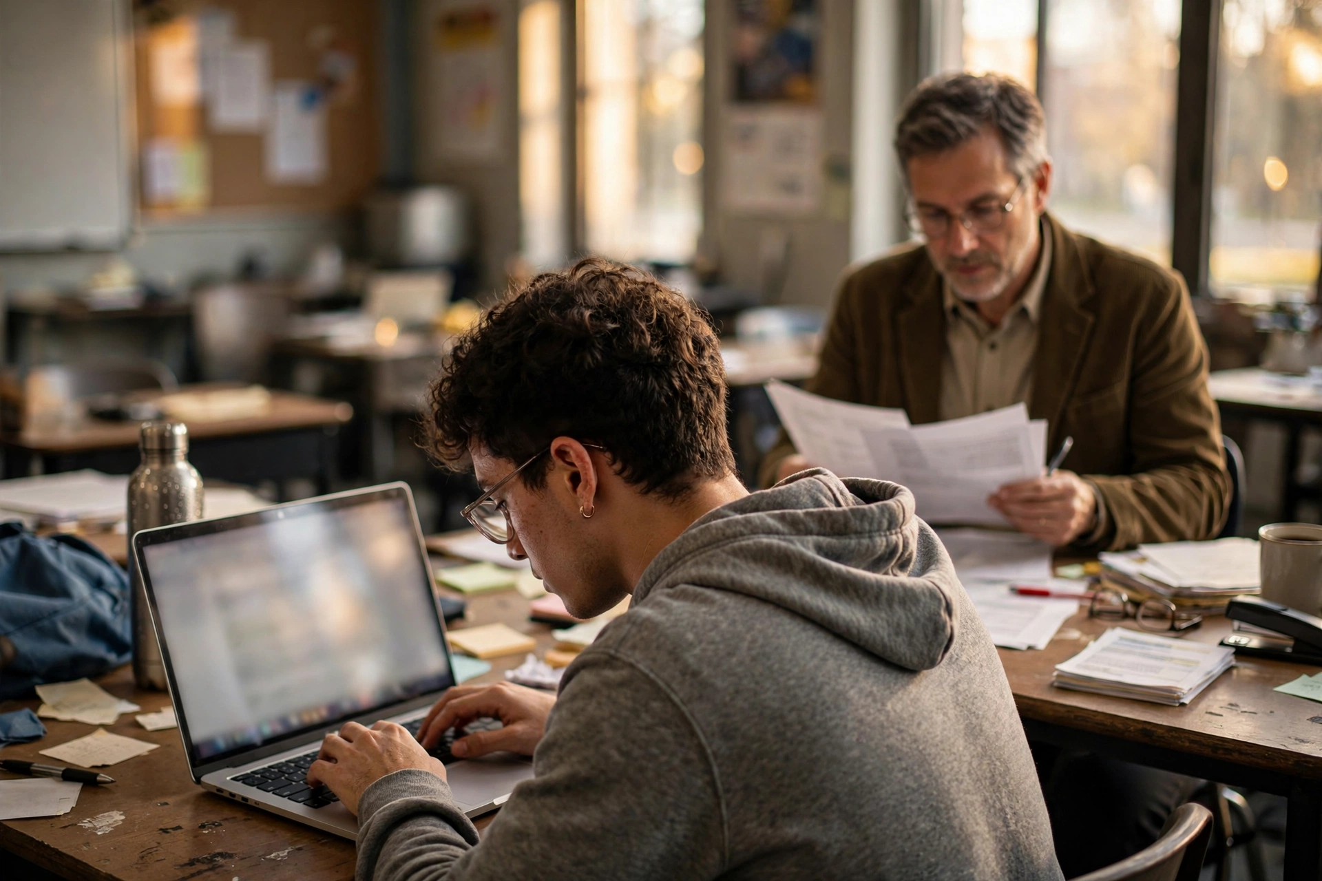 Student writing an essay on a laptop while a teacher reviews papers in a classroom