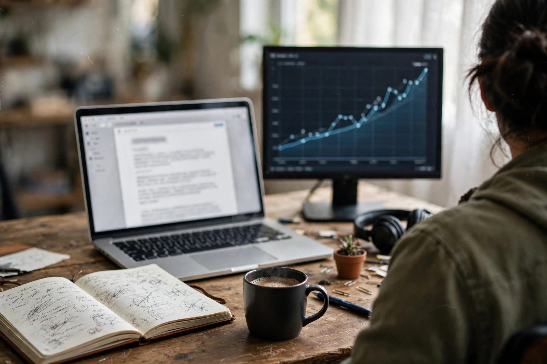 Writer reviewing AI content performance with rising search traffic chart
