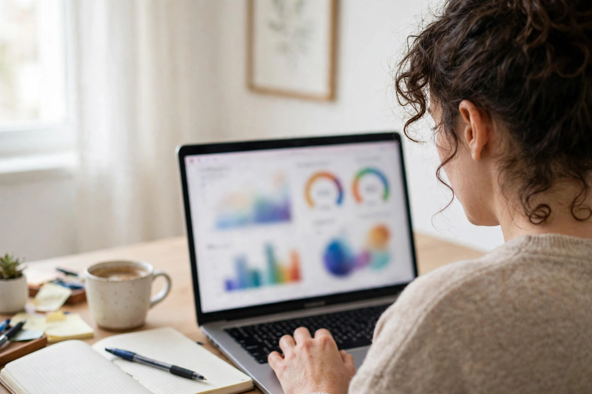 Writer comparing AI detector scores and charts on a laptop screen