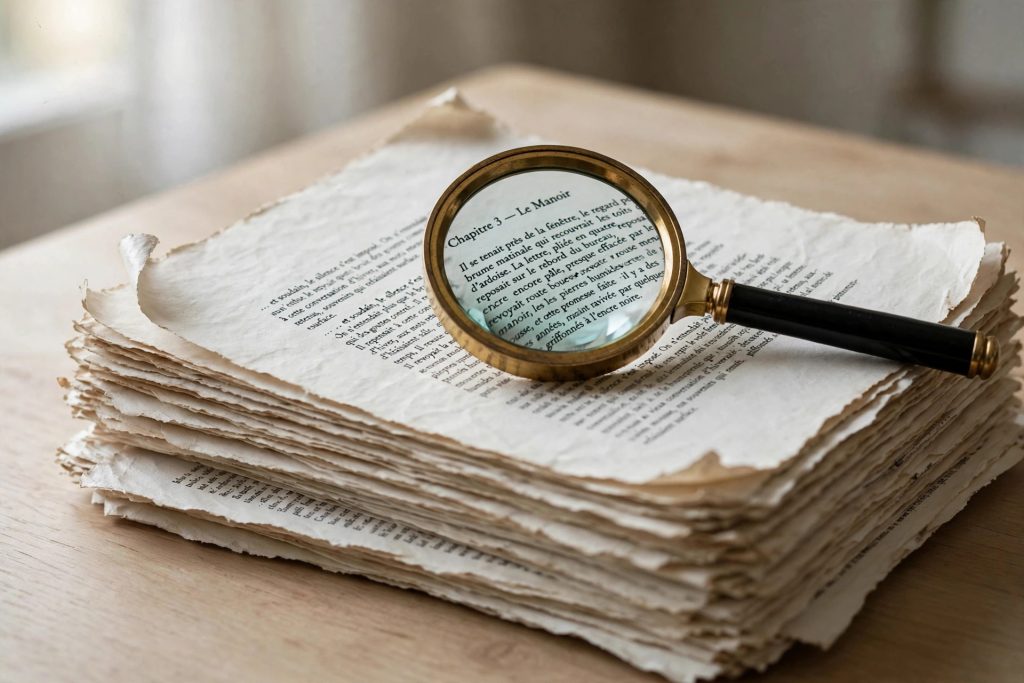 AI detector checking whether a novel manuscript is AI generated, magnifying glass over French manuscript pages