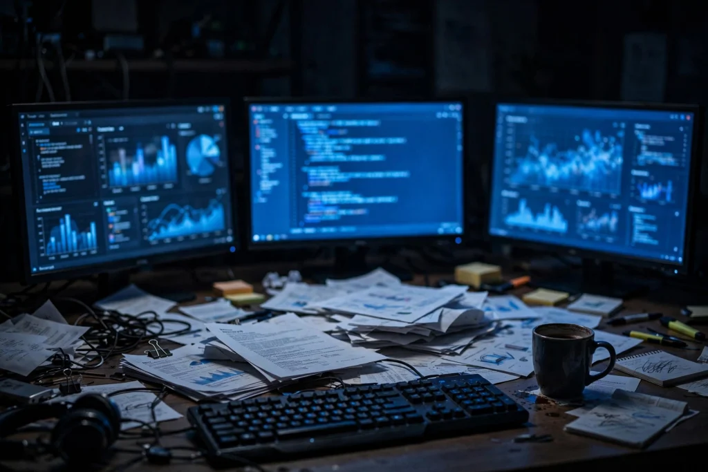 AI detector testing workspace with multiple monitors showing text analysis dashboards