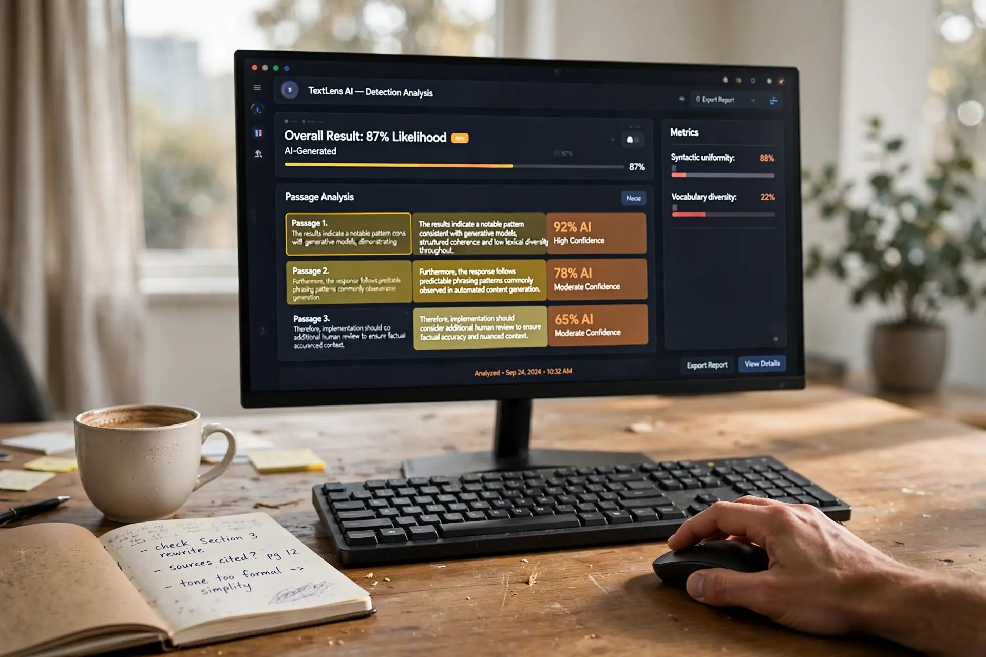 Reviewer analyzing AI detection scan results on a monitor — best AI detector tools tested and compared for 2026