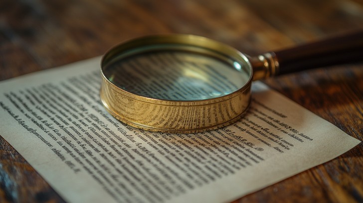 Magnifying glass over printed text document on a desk