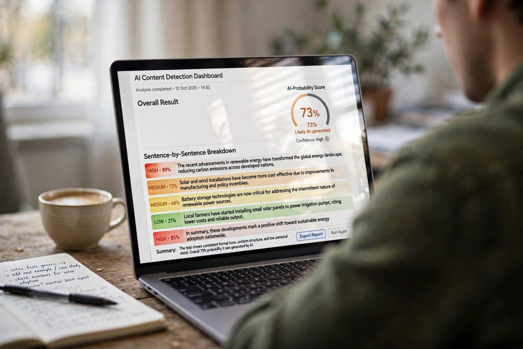 AI content detection dashboard analyzing text with AI probability score - AI detectors vs AI rewriters arms race 2026