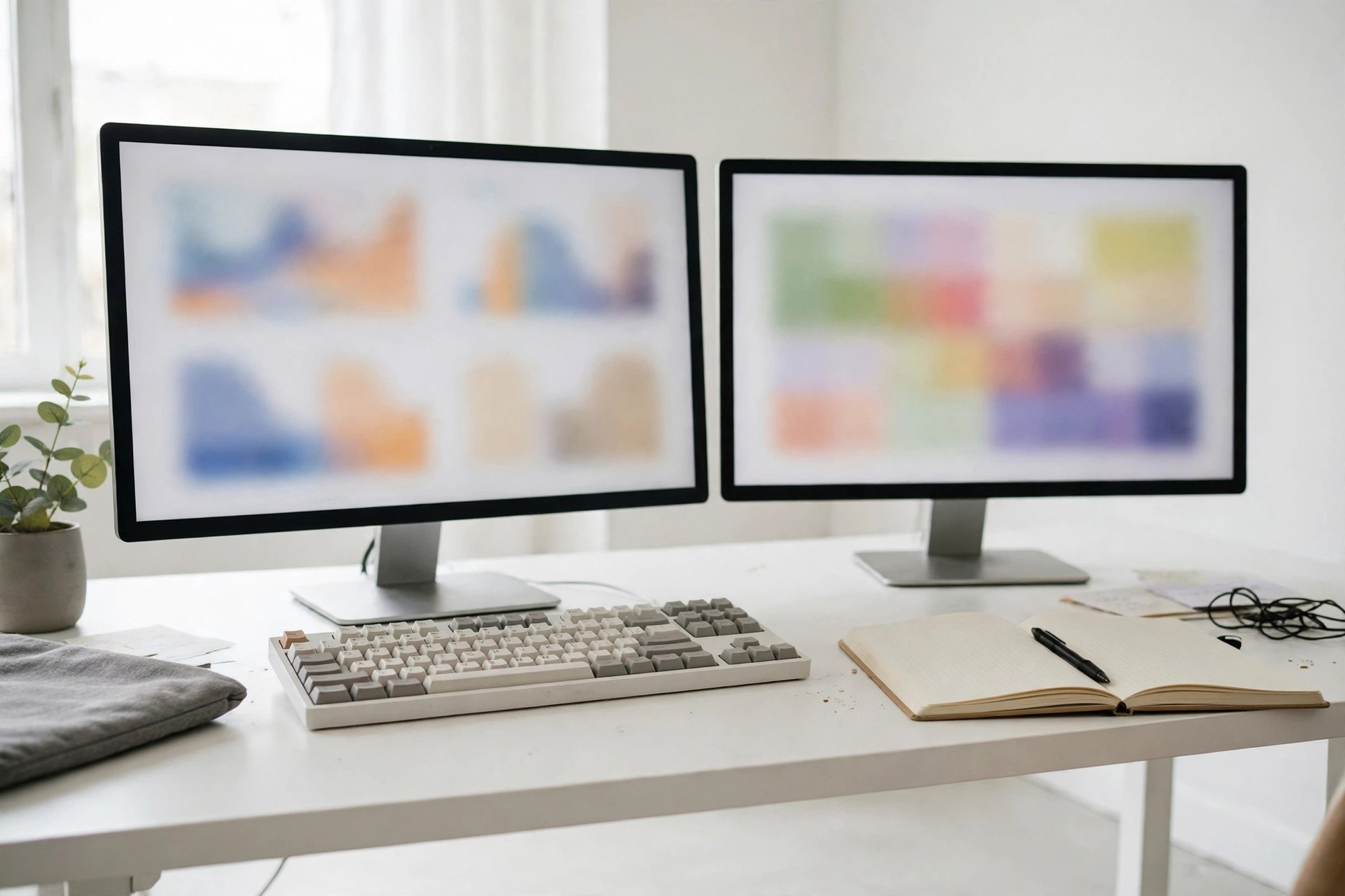 Developer desk with two monitors showing blurred charts in a bright clean room - AI Engineering book review evaluation scene