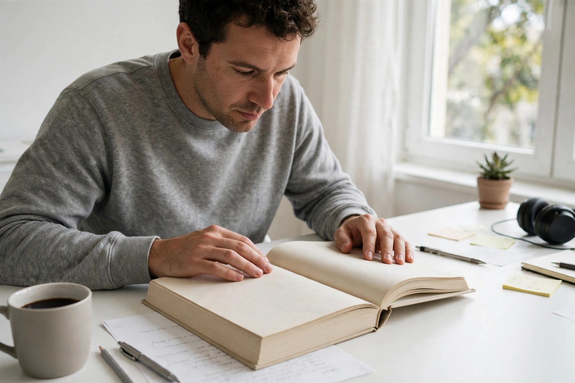 Person reading a thick technical book at a white desk by a bright window - AI Engineering book review reading scene