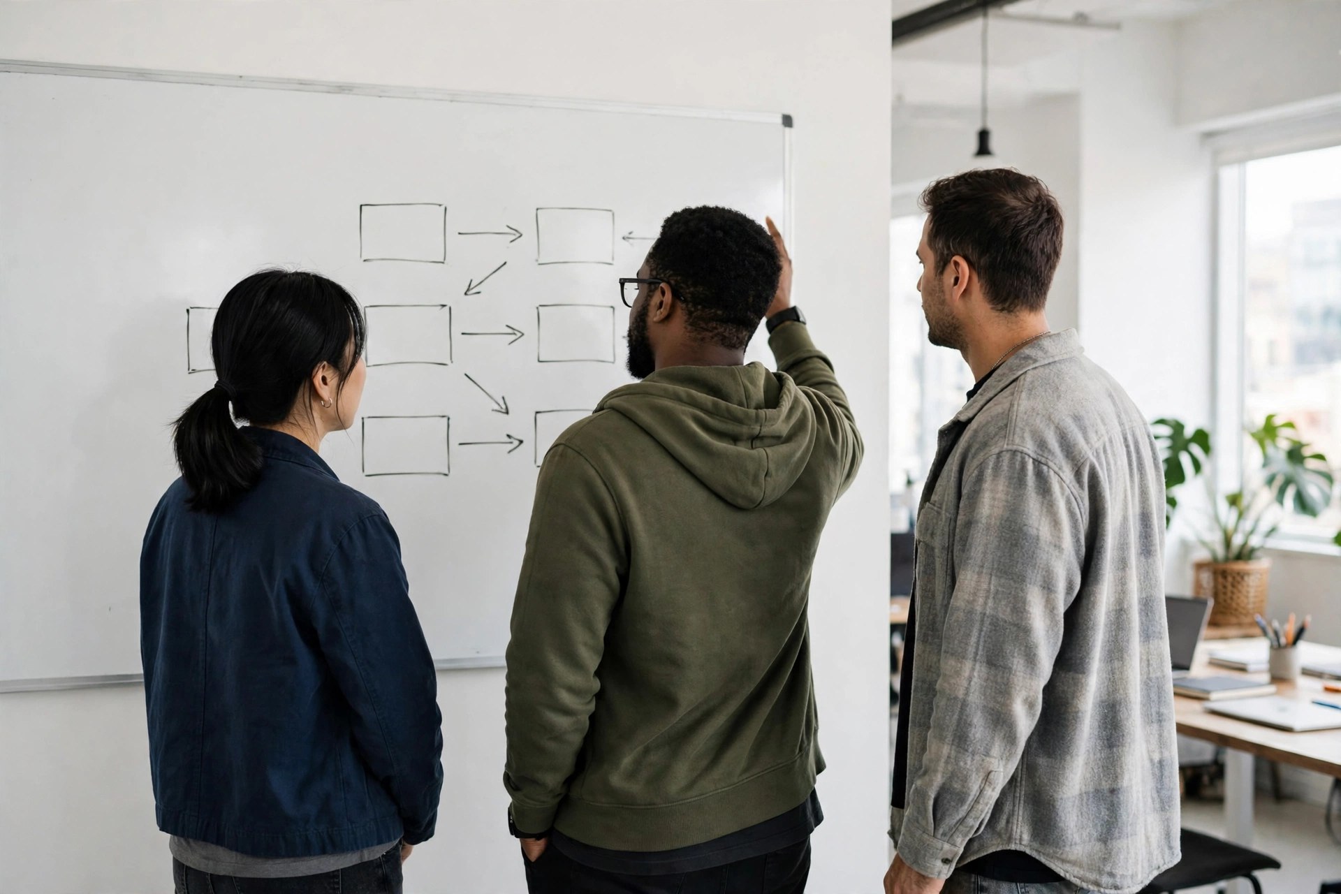 Small engineering team planning at a whiteboard with simple flow arrows in a bright office - AI Engineering book review systems scene