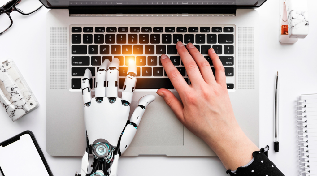 AI writing assistant and E-E-A-T ranking guide on laptop