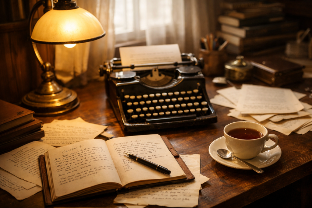 AI writing tools for writers - author writing desk lamp photography