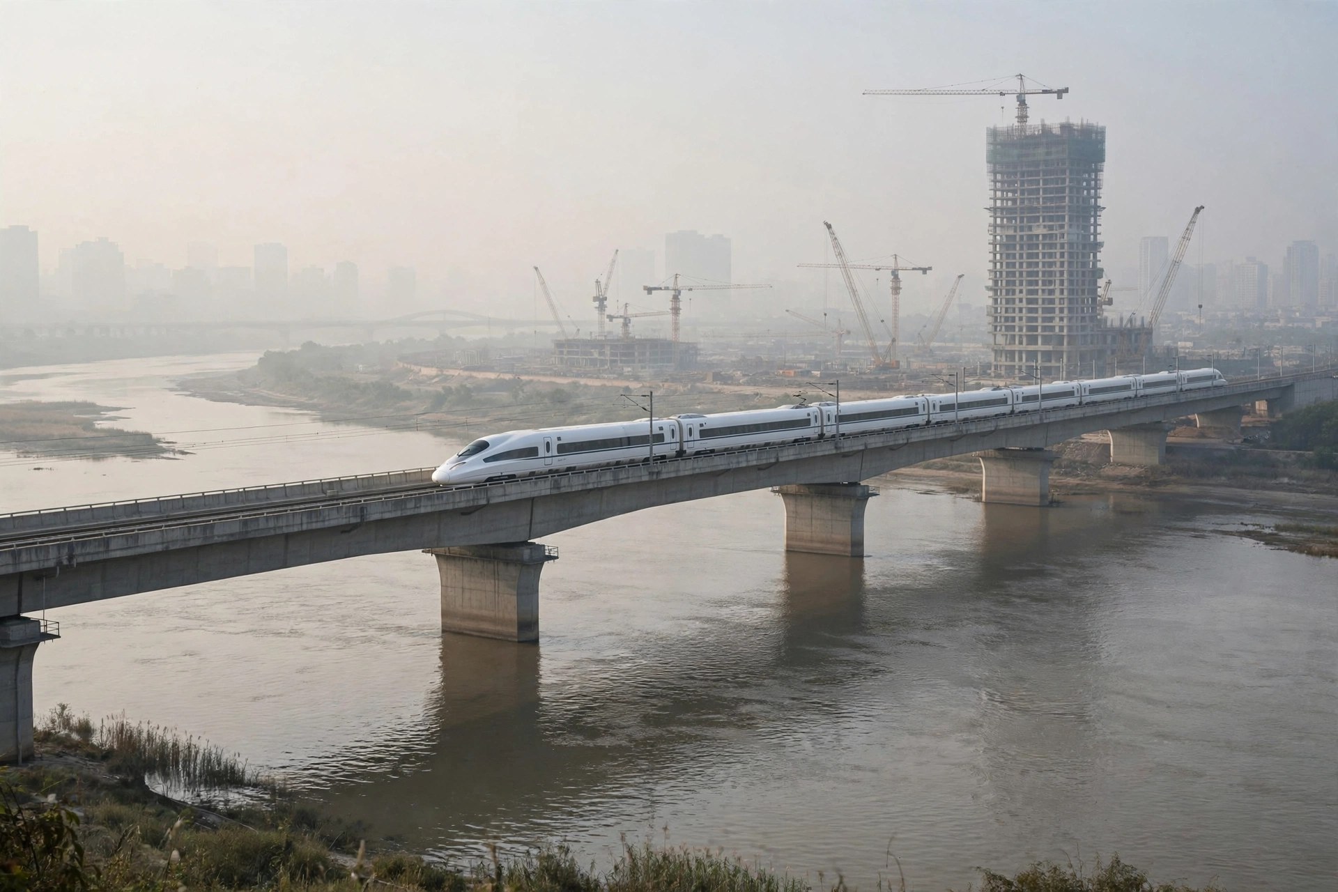High-speed train crossing a river bridge near a construction site - Breakneck book review engineering state scene