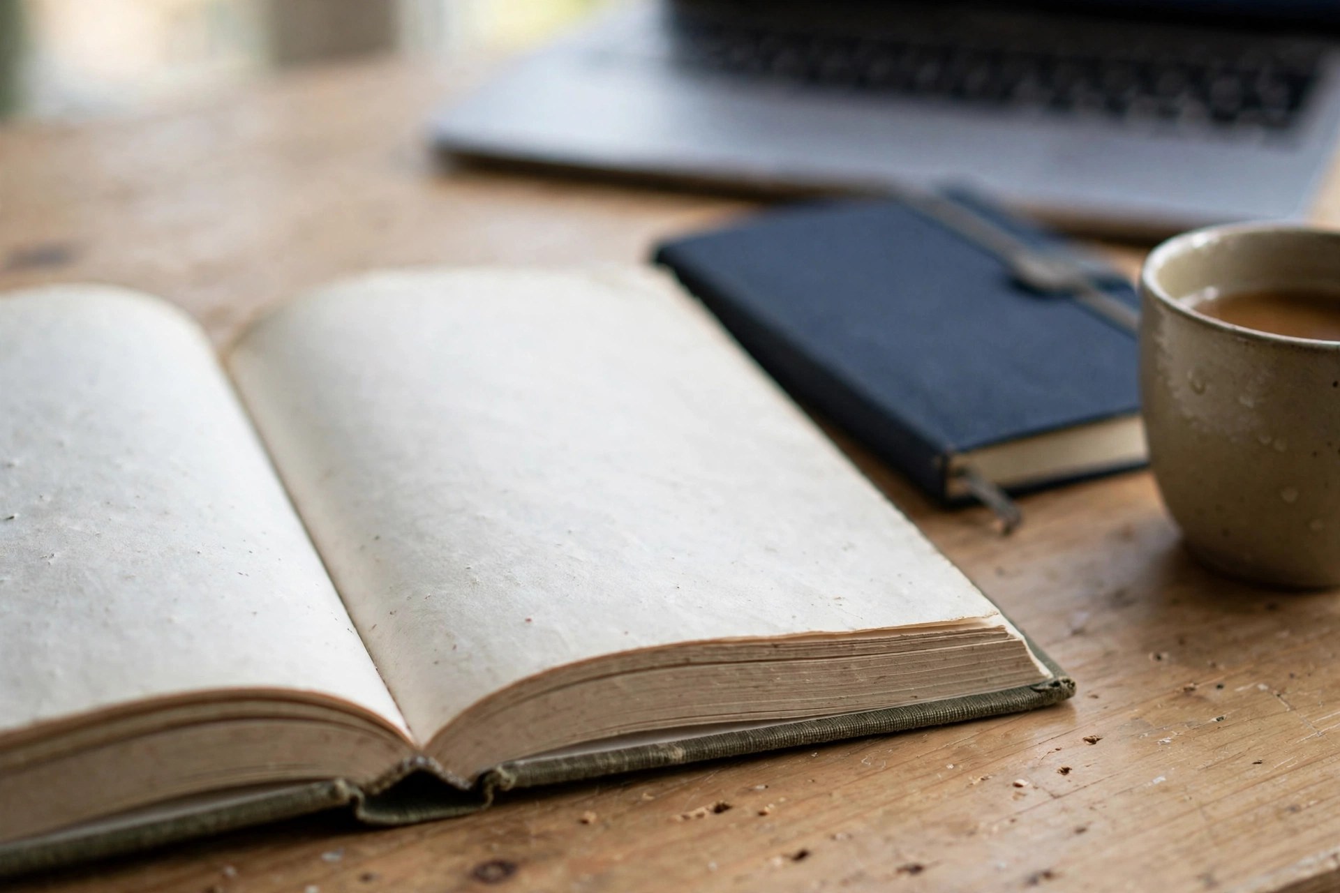 Open hardcover book on a wooden desk with notebook and tea - Breakneck Dan Wang book review reading scene