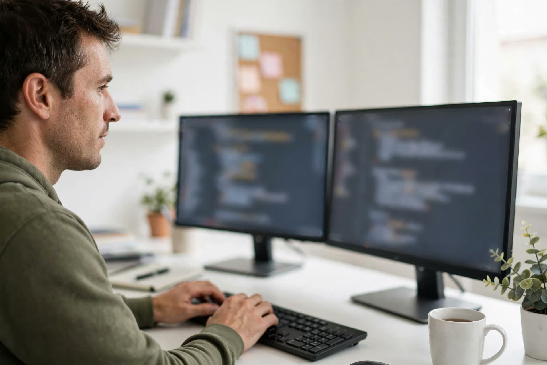Developer writing PyTorch code on dual monitors in a bright home study - Build a Large Language Model From Scratch book review coding scene