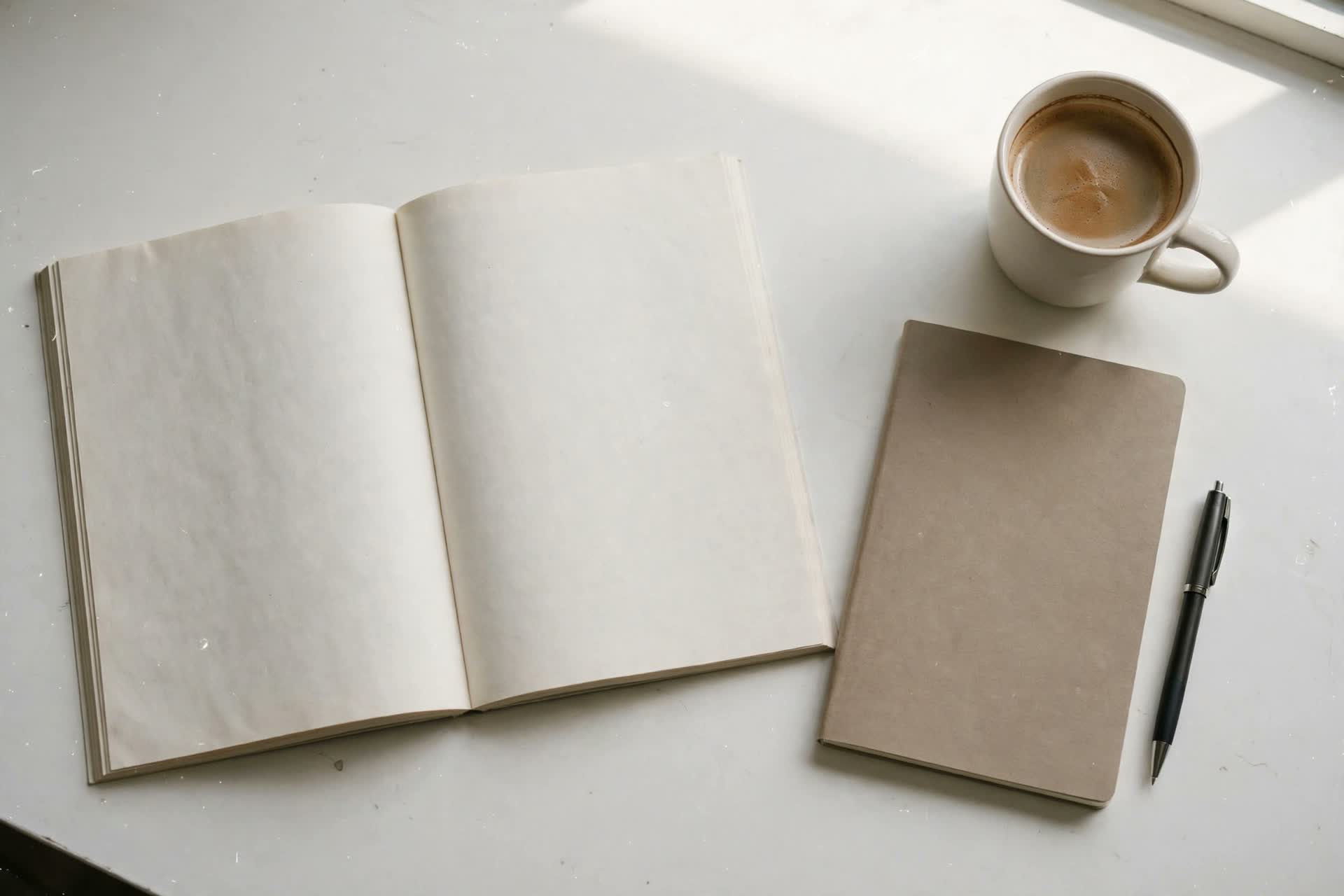 Open technical book with notebook and coffee on a clean white desk - Build a Large Language Model From Scratch book review study scene