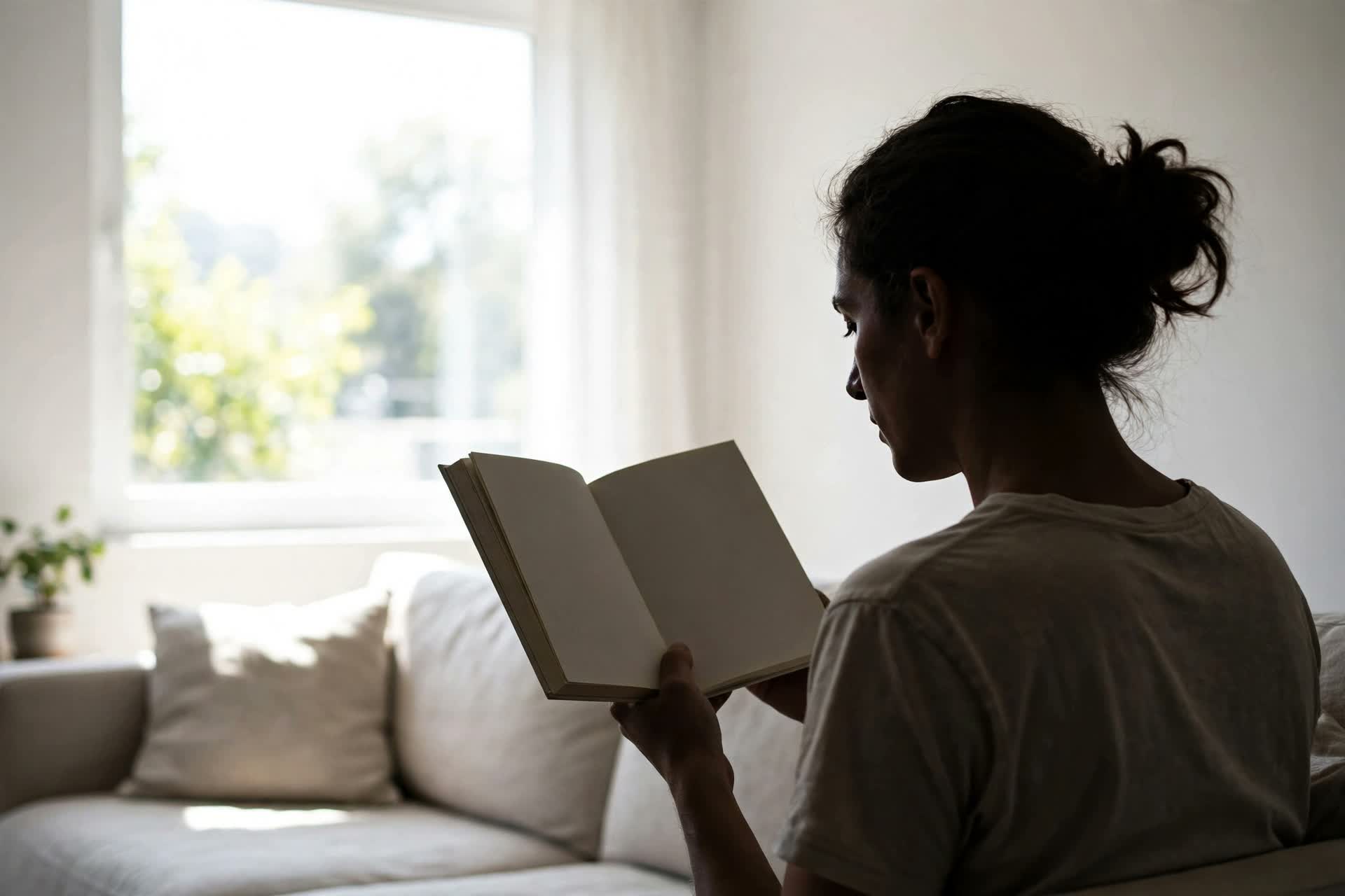 Person reading a technical book in silhouette by a bright window - Build a Large Language Model From Scratch book review reading scene