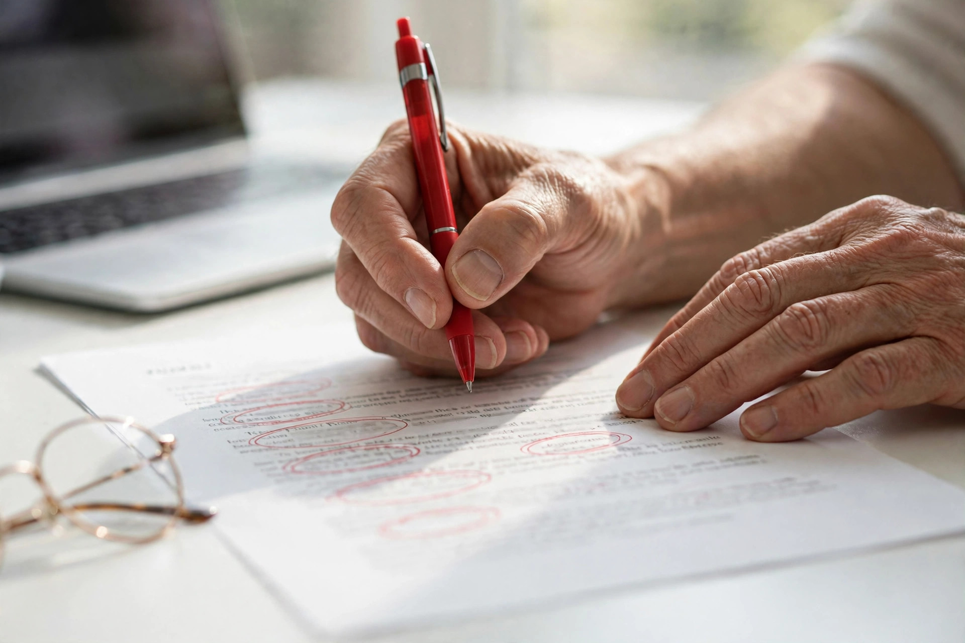 Teacher checking student essay for AI writing with red pen