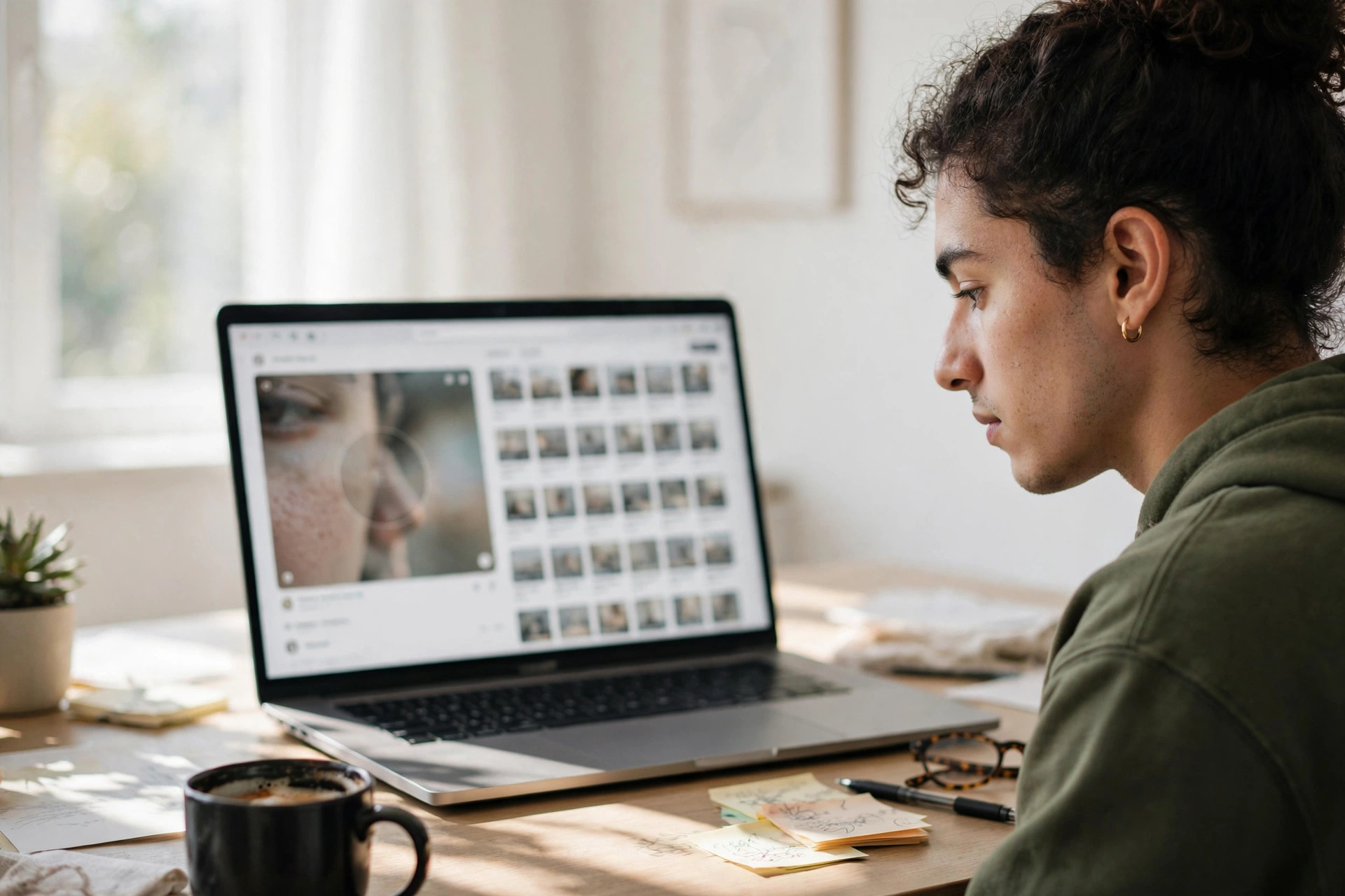 Person checking a photo with reverse image search results on a laptop