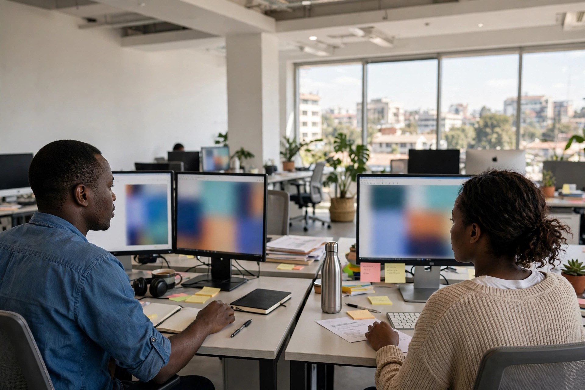 Data labelling office workers at computer screens in Nairobi - Code Dependent book review human cost of AI scene