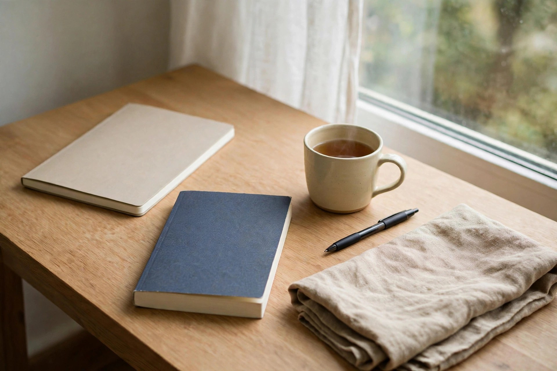 Wooden desk with a notebook, a plain book and a cup of tea by a bright window - Code Dependent Madhumita Murgia book review