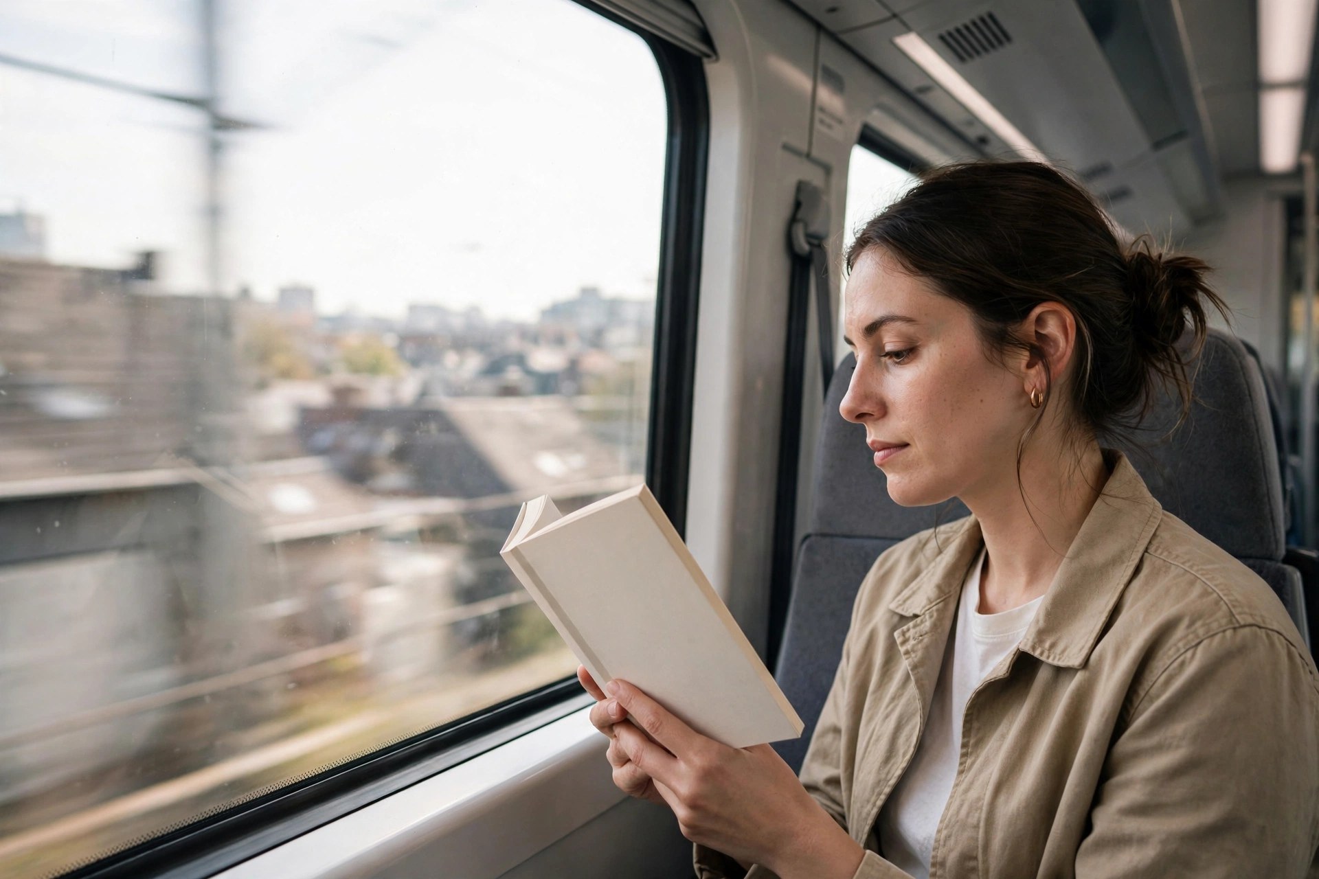 Woman reading a paperback book by a train window - Code Dependent book review reading scene