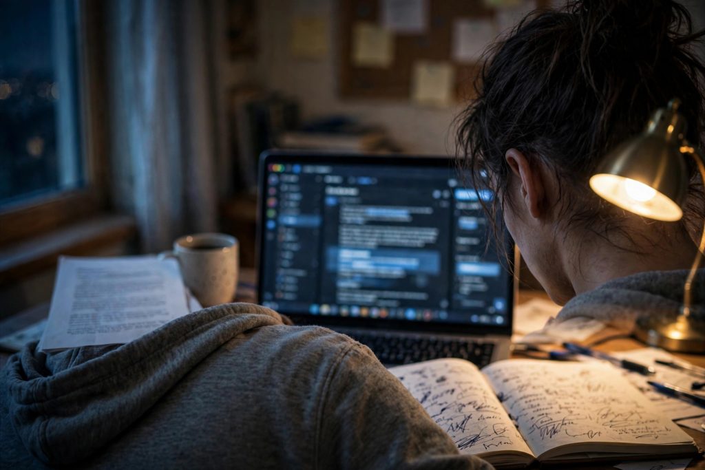 Student checking a Turnitin AI detection report on a laptop late at night