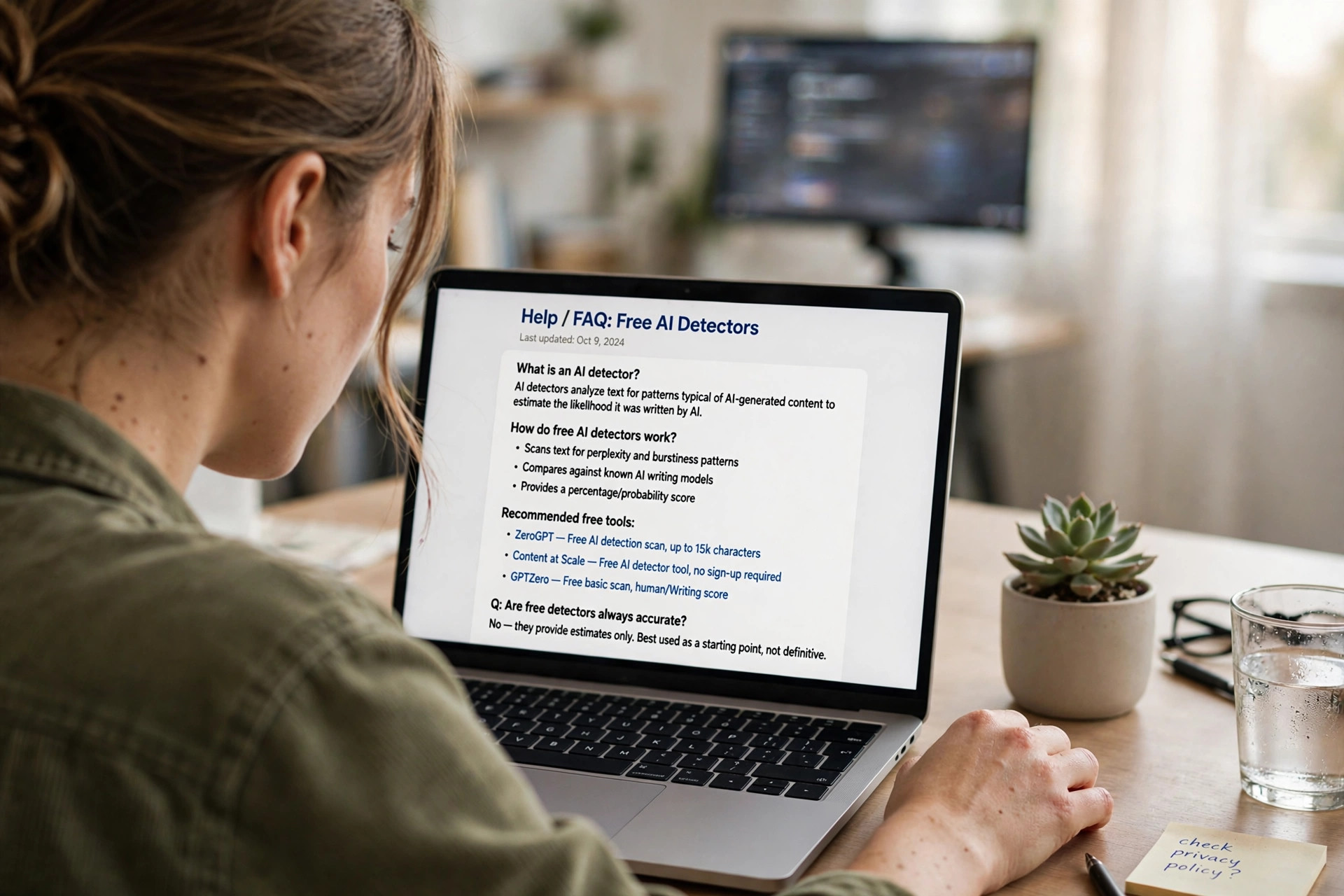 Person reading FAQ about free AI detectors on a laptop — free AI detector FAQ guide