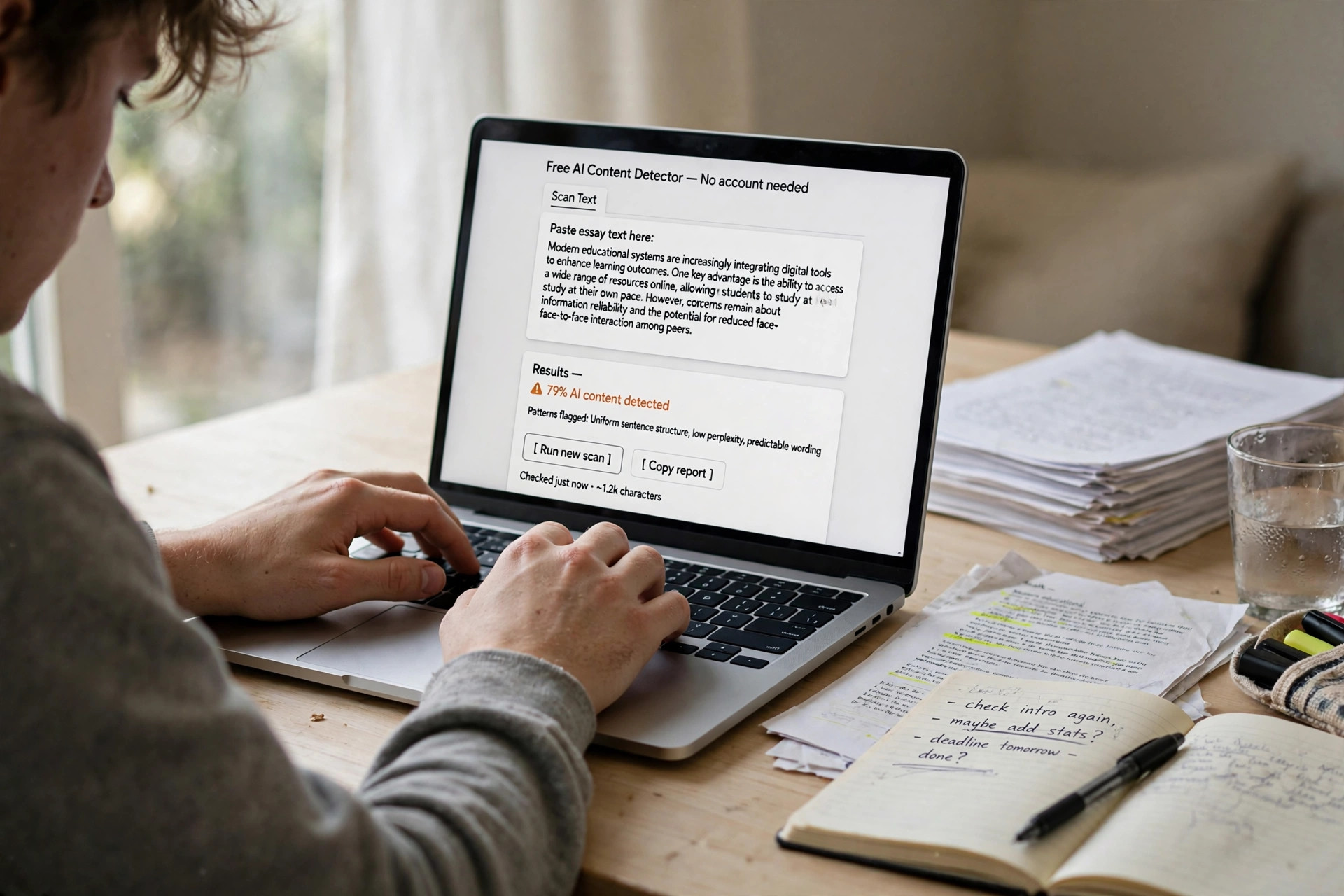 Student running repeated free AI content detector scans on a laptop — unlimited repeat checks free AI detector