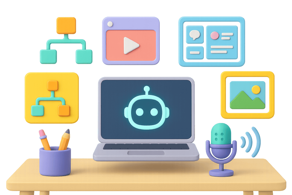 Workspace with AI tools for writing and video creation
