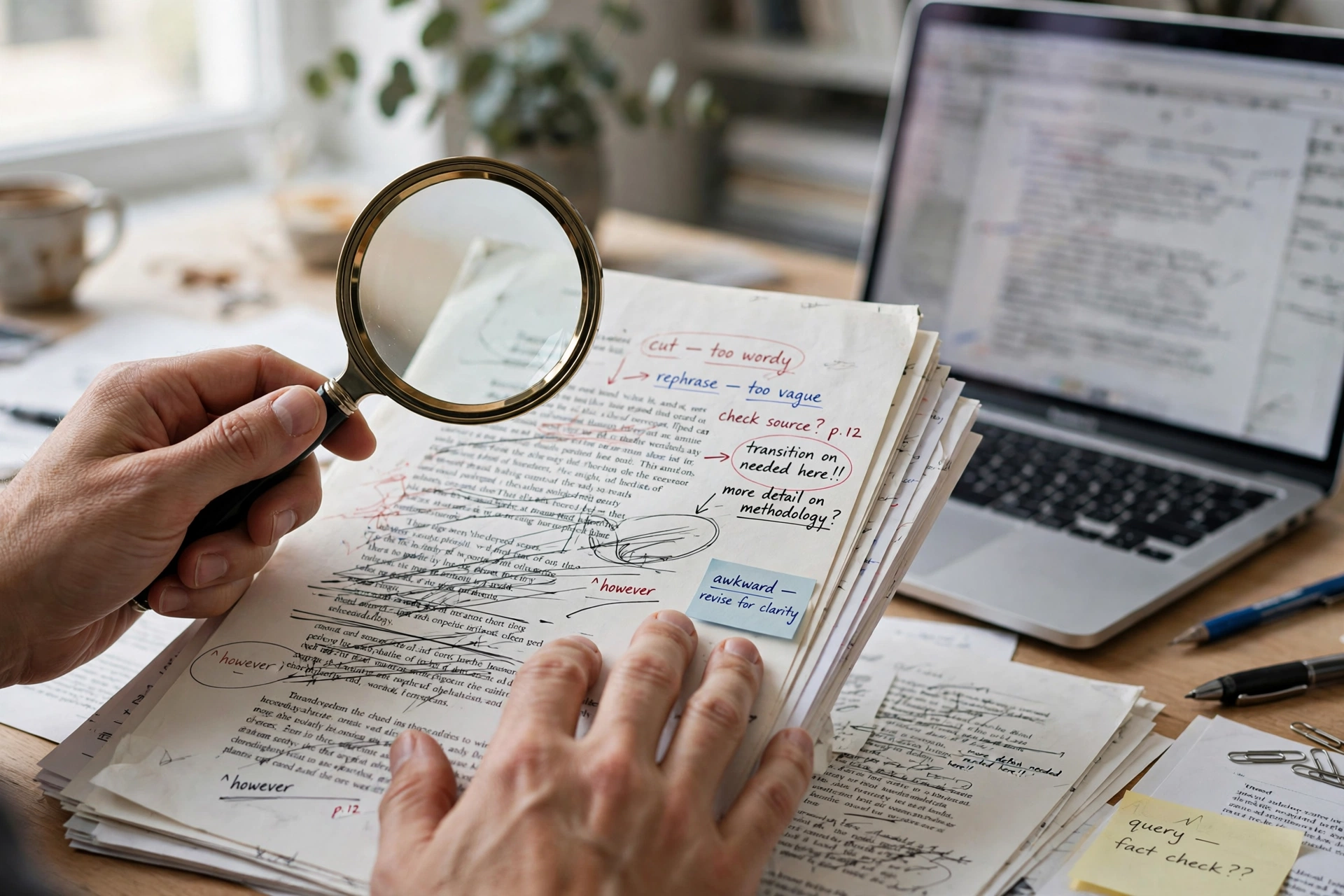 Editor reviewing a freelance writer draft with a magnifying glass for AI fingerprints