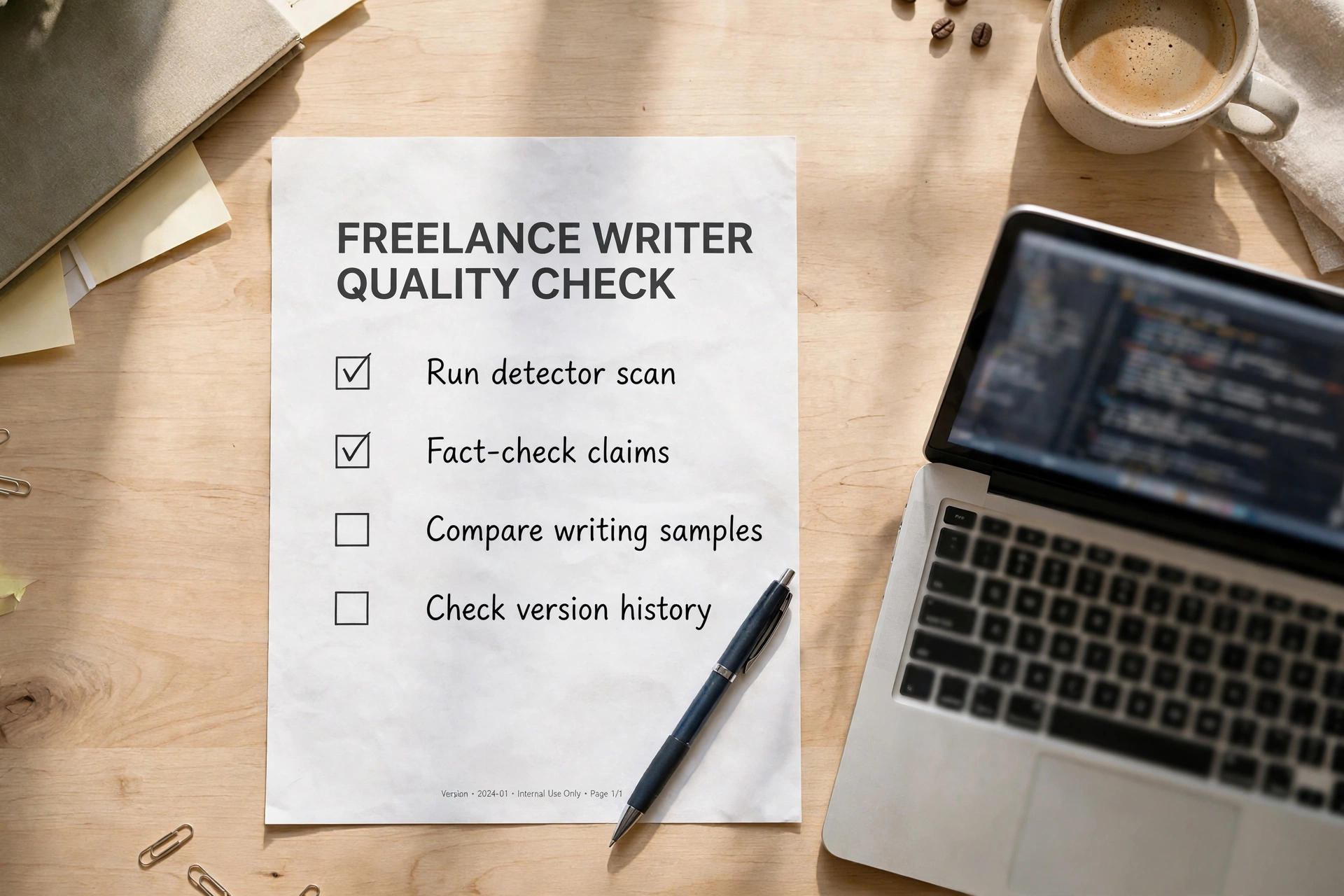 Freelance writer quality screening checklist on a desk with laptop and coffee