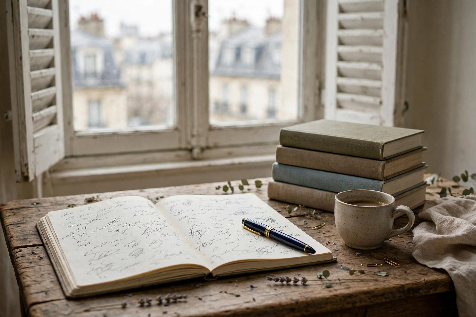 Handwritten novel manuscript and fountain pen on a French writer desk by a Paris window