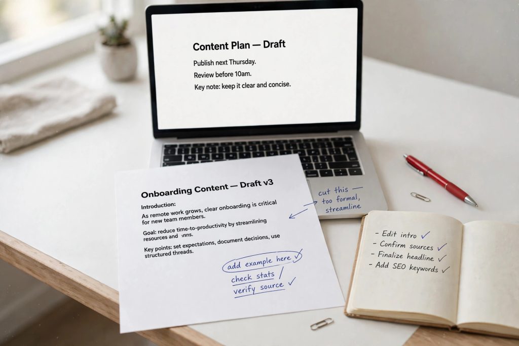 Content manager reviewing a freelance writer article draft on a laptop to check for AI-generated content