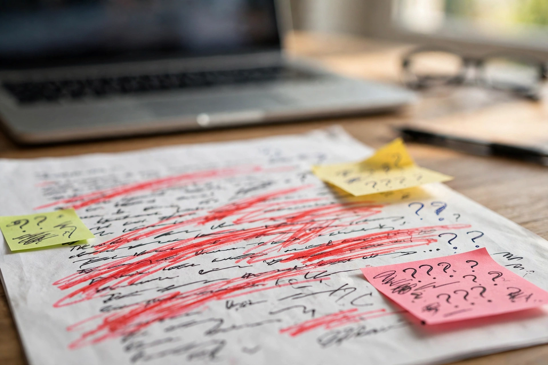Printed human-written essay covered in red highlighter marks and question sticky notes