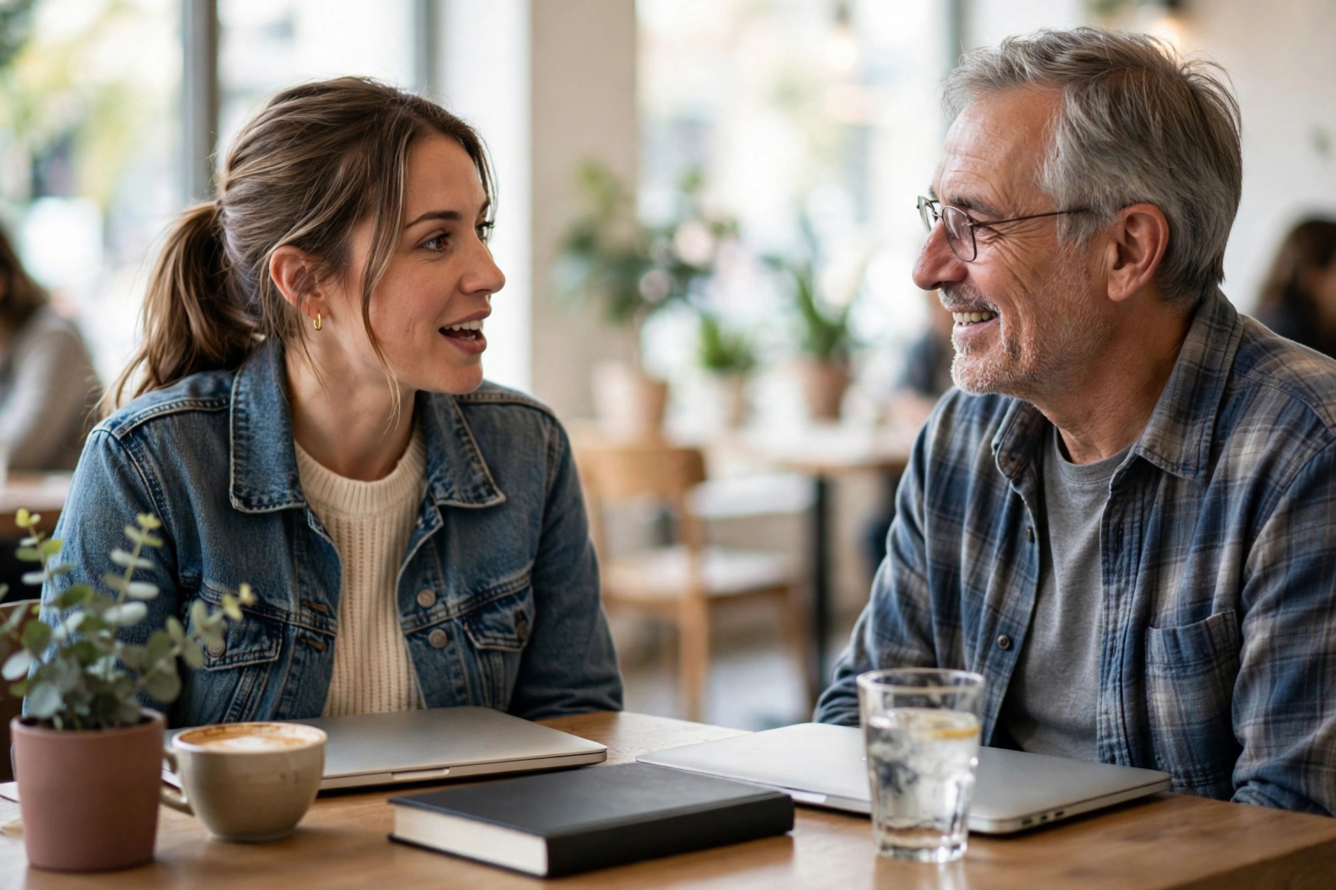Two readers of different generations discussing a book at a bright cafe table - If Anyone Builds It Everyone Dies book review discussion scene