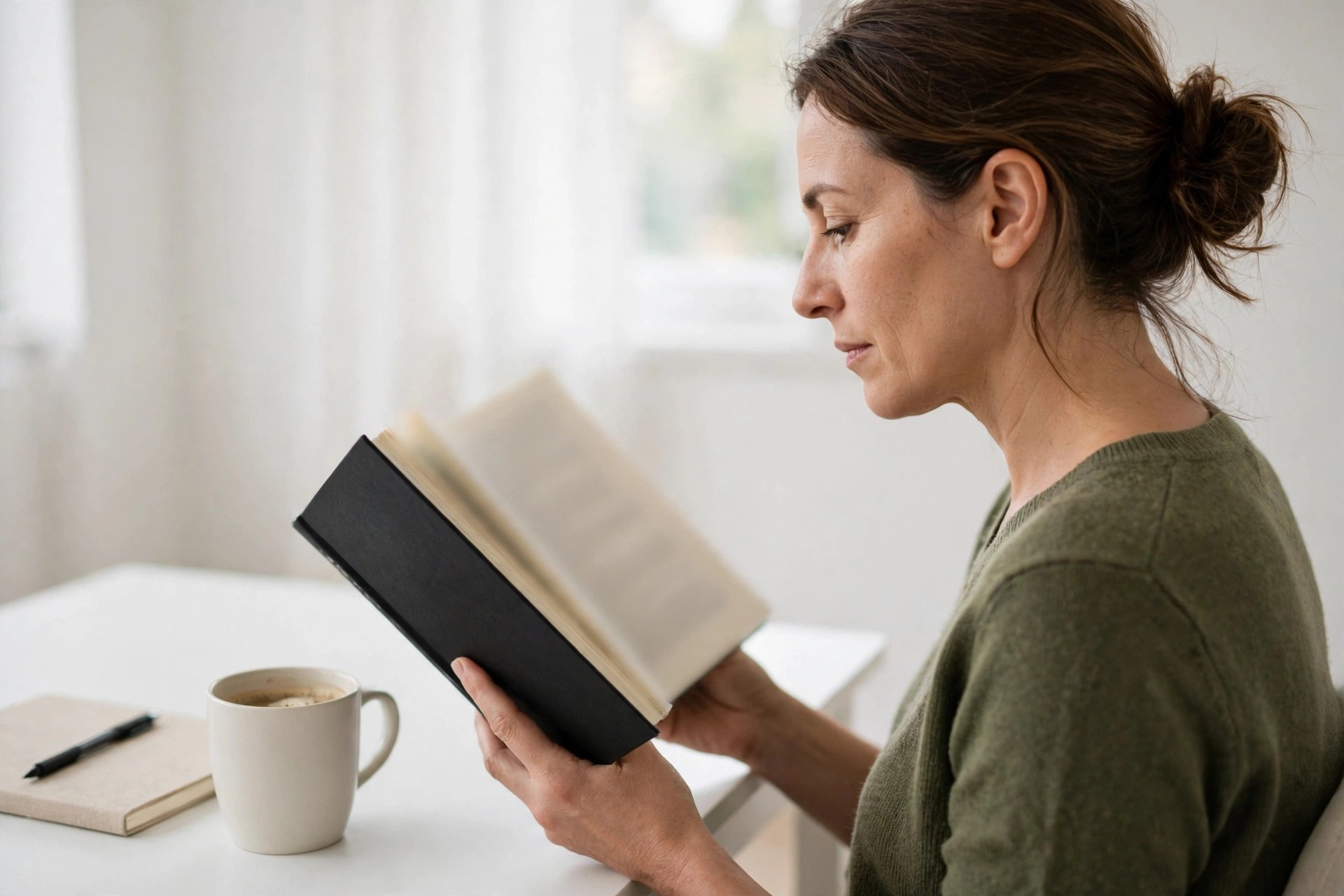 Woman reading a thick black hardcover book at a white desk in a bright room - If Anyone Builds It Everyone Dies book review reading scene