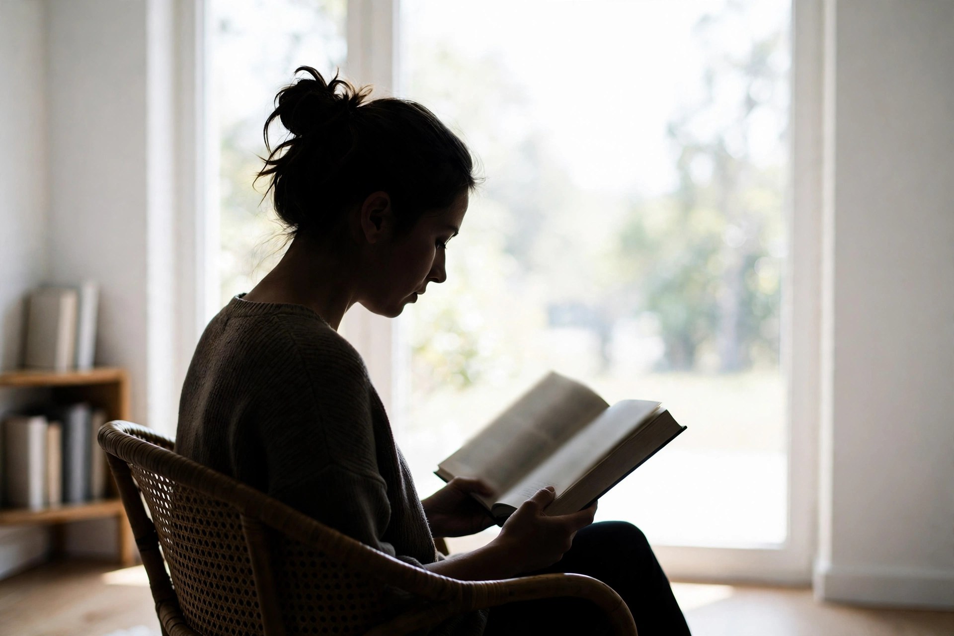 Person reading a hardcover book in a chair beside a large bright window - If Anyone Builds It Everyone Dies book review reflection scene