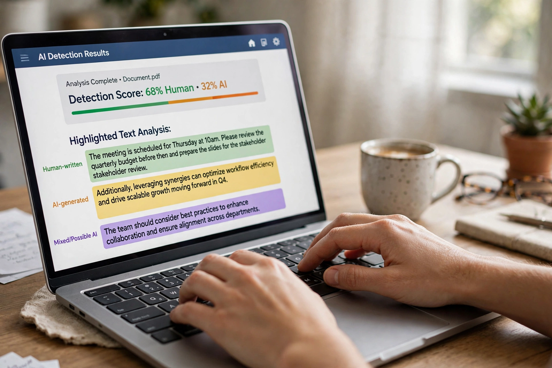 Hands typing on laptop showing AI detection results with highlighted text analysis