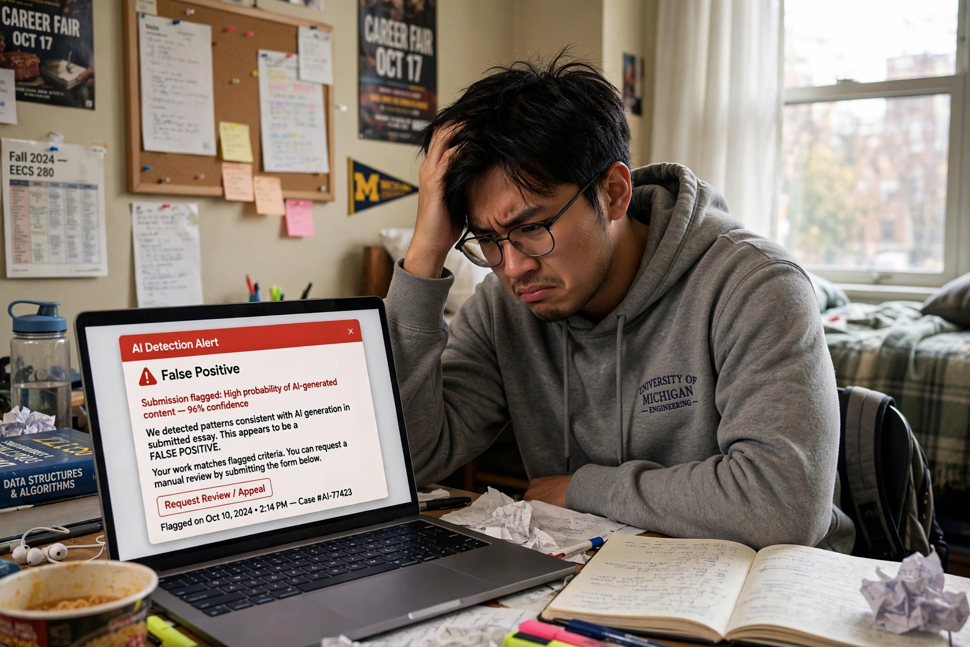 Frustrated student looking at laptop showing AI detection false positive alert