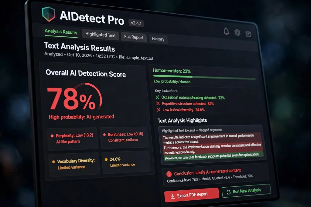 AI detection software interface showing text analysis results with AI probability score