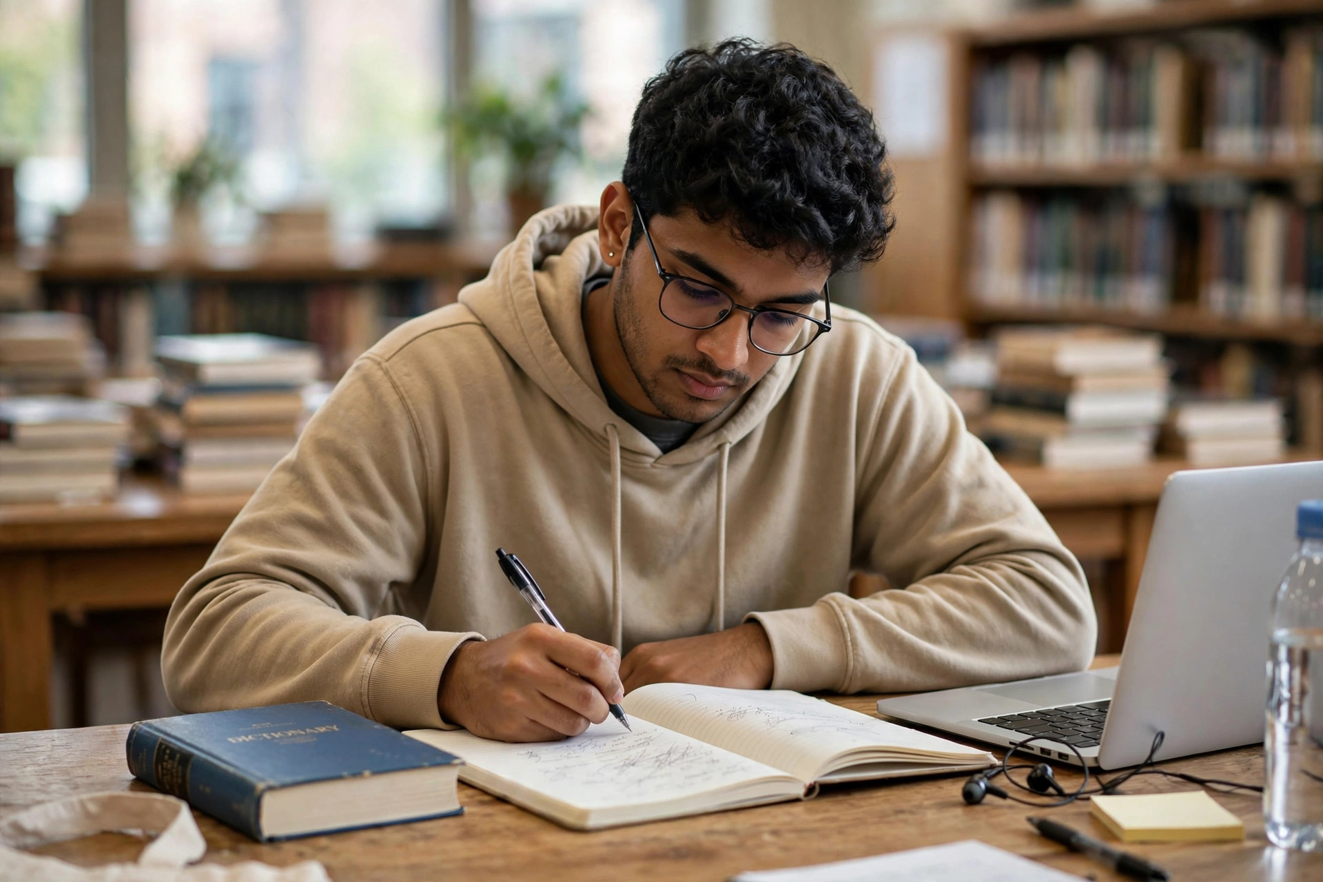 Non-native English student writing an essay by hand in a library
