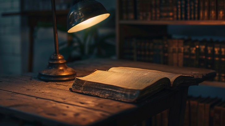 Open book on a desk with a reading lamp