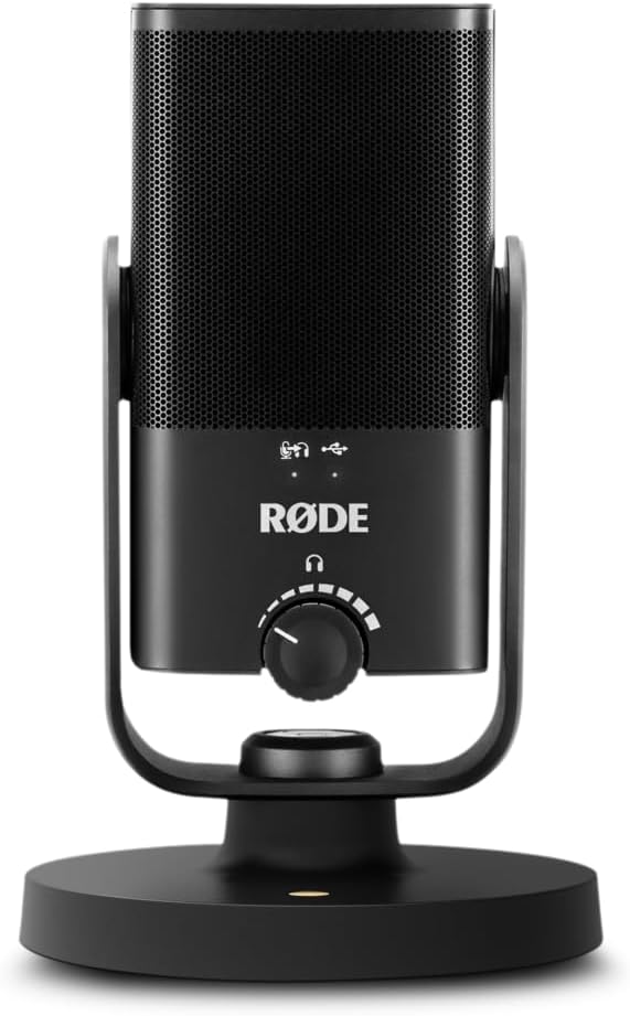 RODE NT-USB Mini studio USB microphone real product photo with desk stand