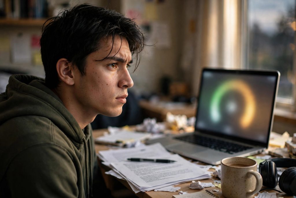 Student checking an essay with the Scribbr AI detector score on a laptop
