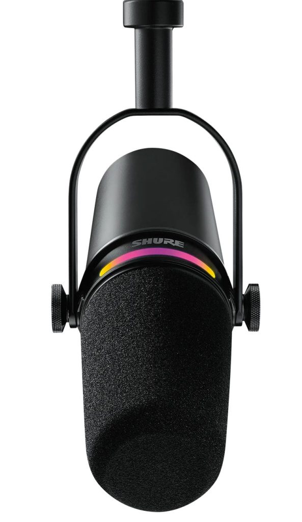 Shure MV7+ podcast dynamic microphone real product photo, black with LED touch panel
