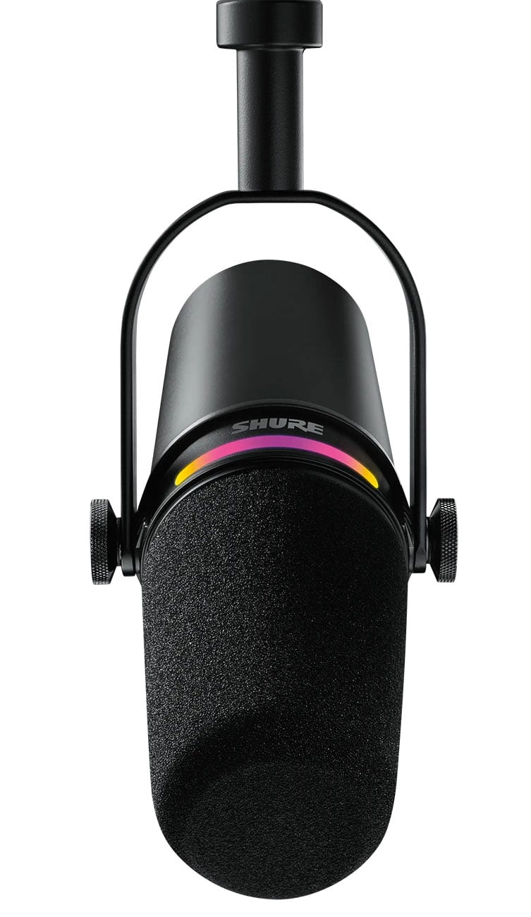 Shure MV7+ podcast dynamic microphone real product photo, black with LED touch panel