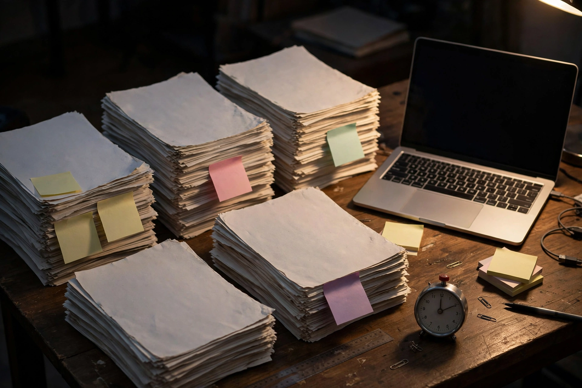 Stacks of printed essays with sticky notes next to a laptop during a long AI detector test